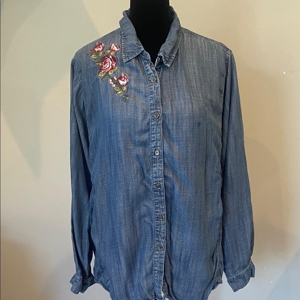 Embroidered Denim Shirt with Floral Design
